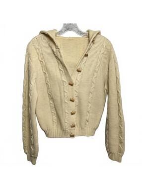 70s Vintage Cream Cable Knit Hooded Cardigan With Wooden Toggle Buttons Size S
